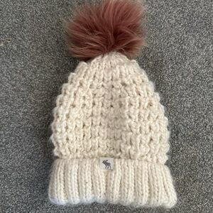 Abercrombie Kids Ivory Knit Hat with Brown Pom-Pom